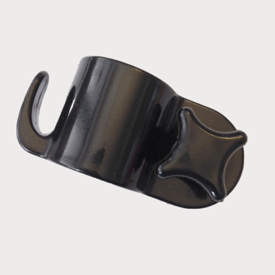 Seitenansicht einer schwarzen runden Klemme mit seitlicher Schraubbefestigung