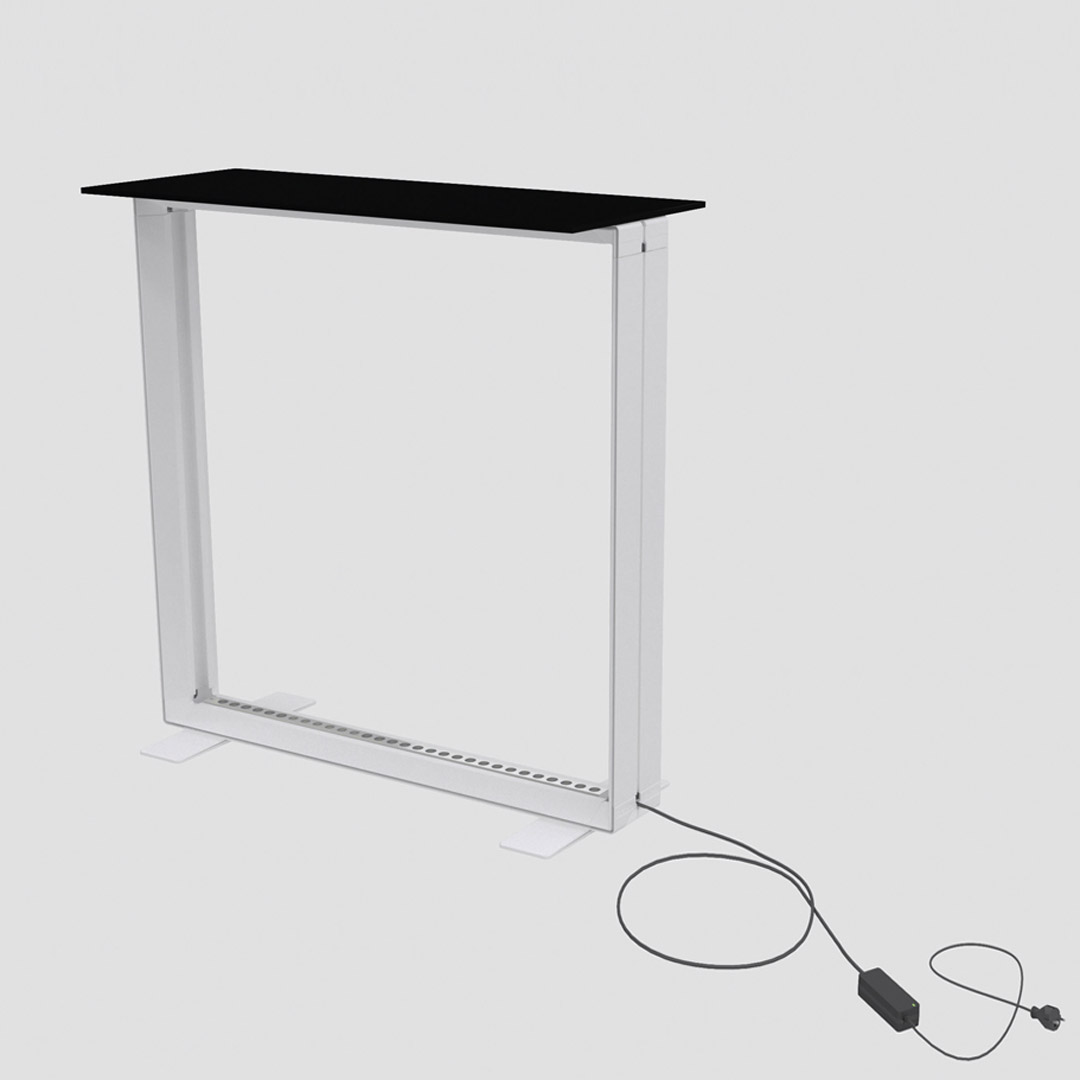 GO Counter ohne Bespannung, mit LED-Beleuchtung, schwarzer Tischplatte und angeschlossenem Netzkabel 