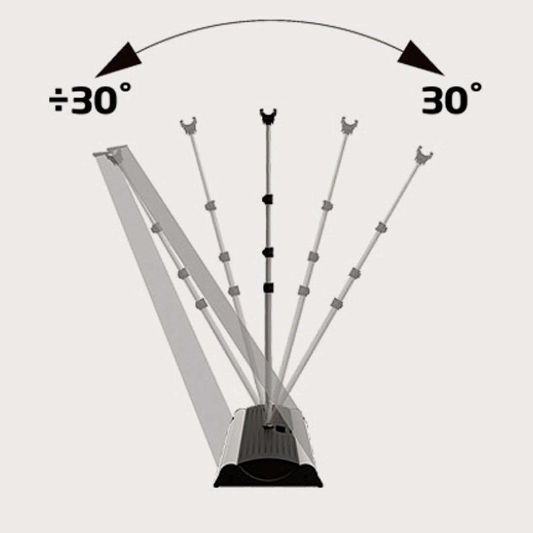 Grafische Darstellung des schwenkbarenRoll Up Waterbase Outdoor mit 30°-Bewegungswinkel