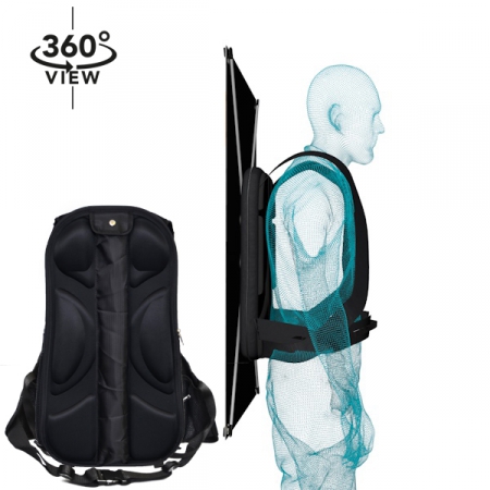 Promotion Rucksack mit montiertem rechteckigem Werbebanner wird seitlich an einer Figur dargestellt