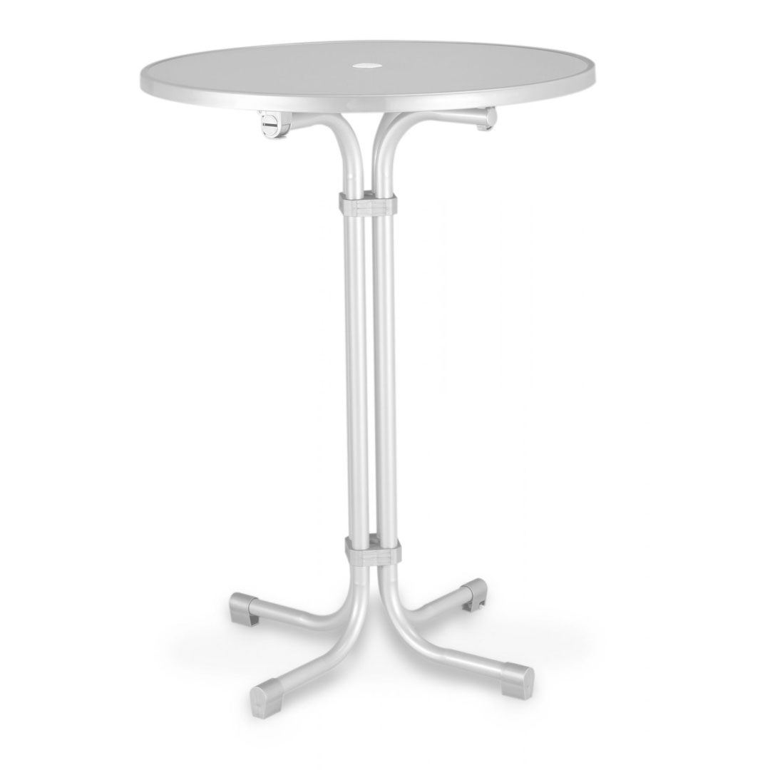 Ein runder, weißer Aluminium-Stehtisch mit klappbarer Tischplatte und integriertem Schirmloch.