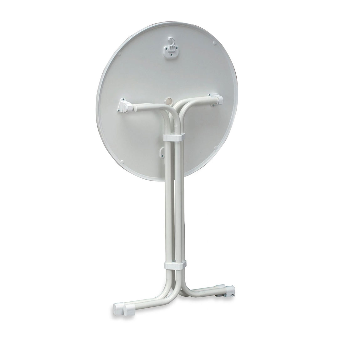 Der runde Stehtisch steht zusammengeklappt auf seinem Vierfuß-Gestell.